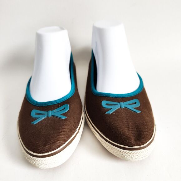 90's Y2K dELiA's Brown Blue Trim Bow Ballet Flats Corley Vegan Size 8 Coquette - Picture 6 of 11